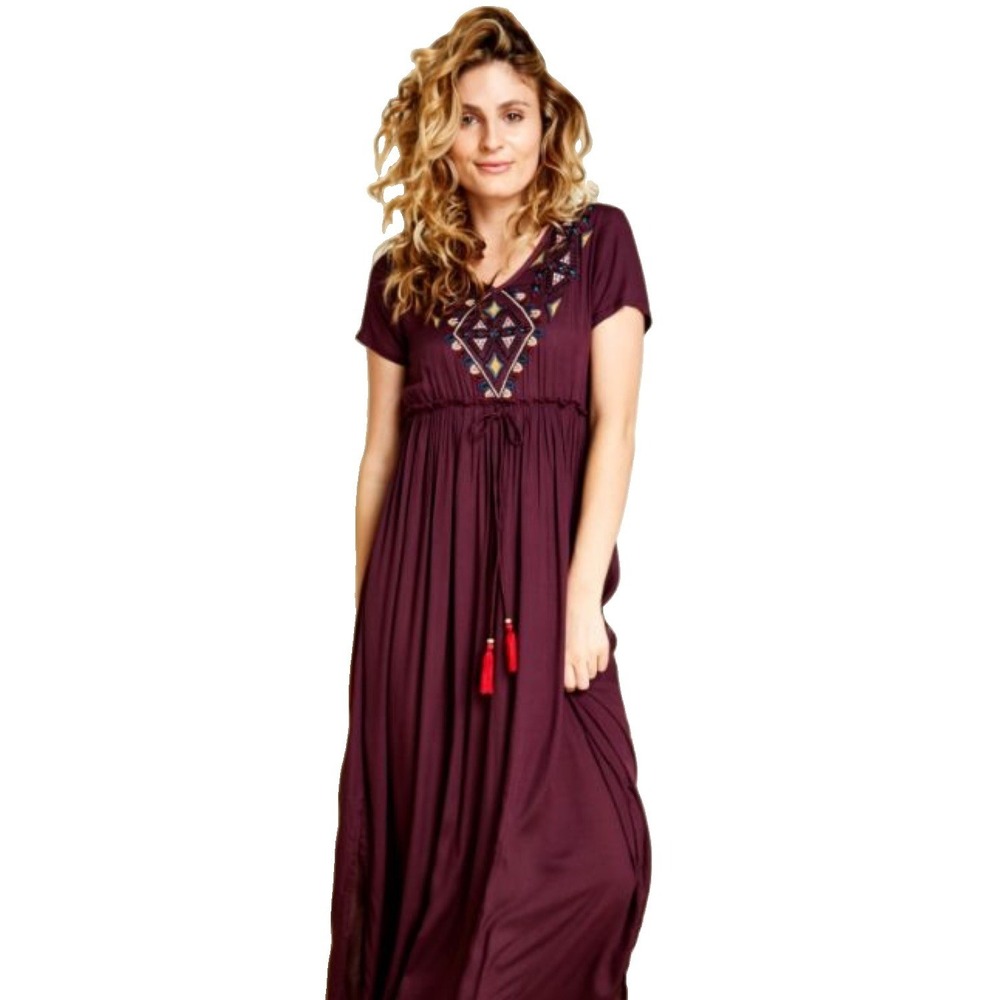 Earthbound Trading Co Womens SmallPlum Purple‎ Embroidered Dress Boho Festival